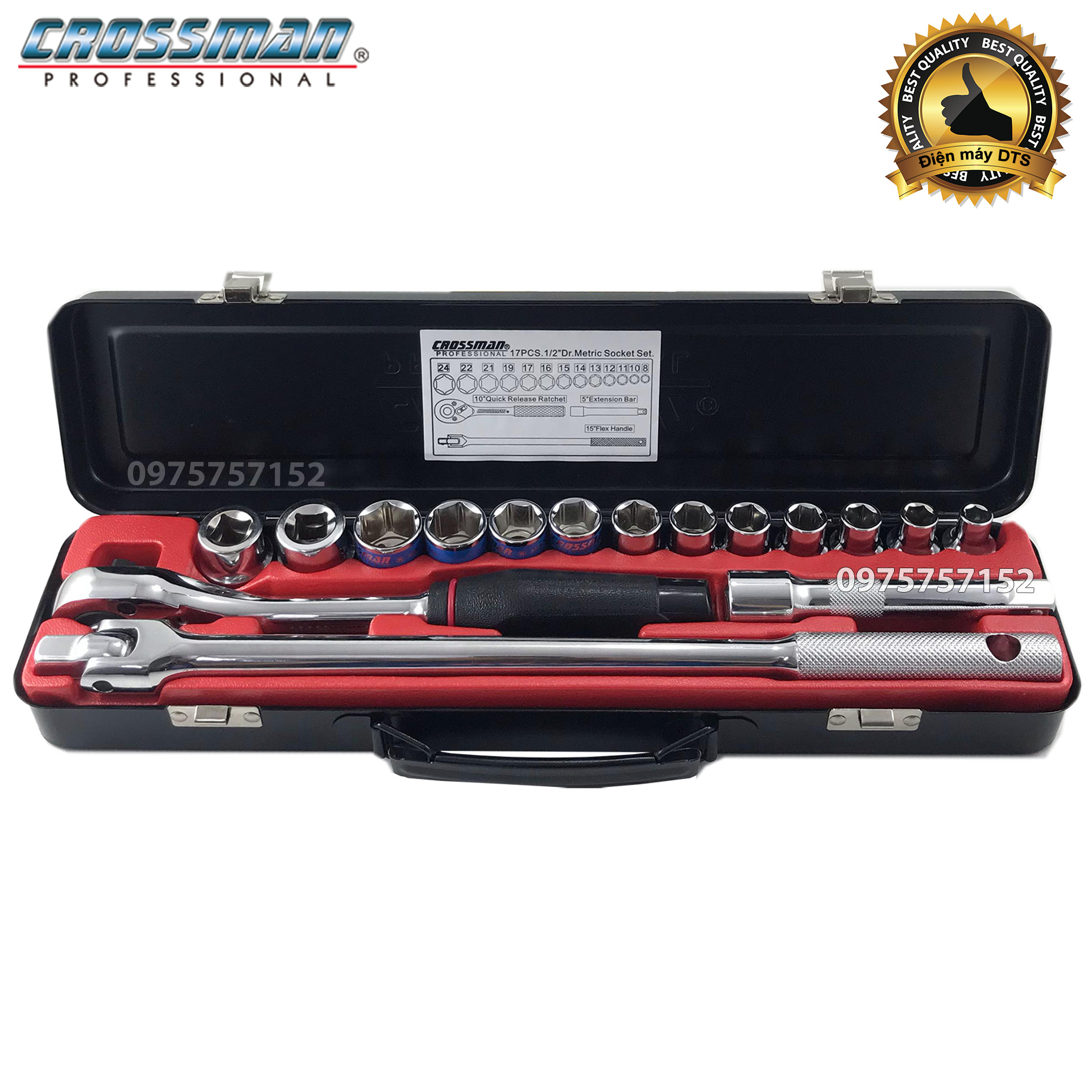 Bộ tuýp - Bộ khẩu 17 chi tiết thép Cr-V cao cấp (Cần tự động) Crossman U.S.A 99-056 (Chính hãng) (Hộp đựng sắt)