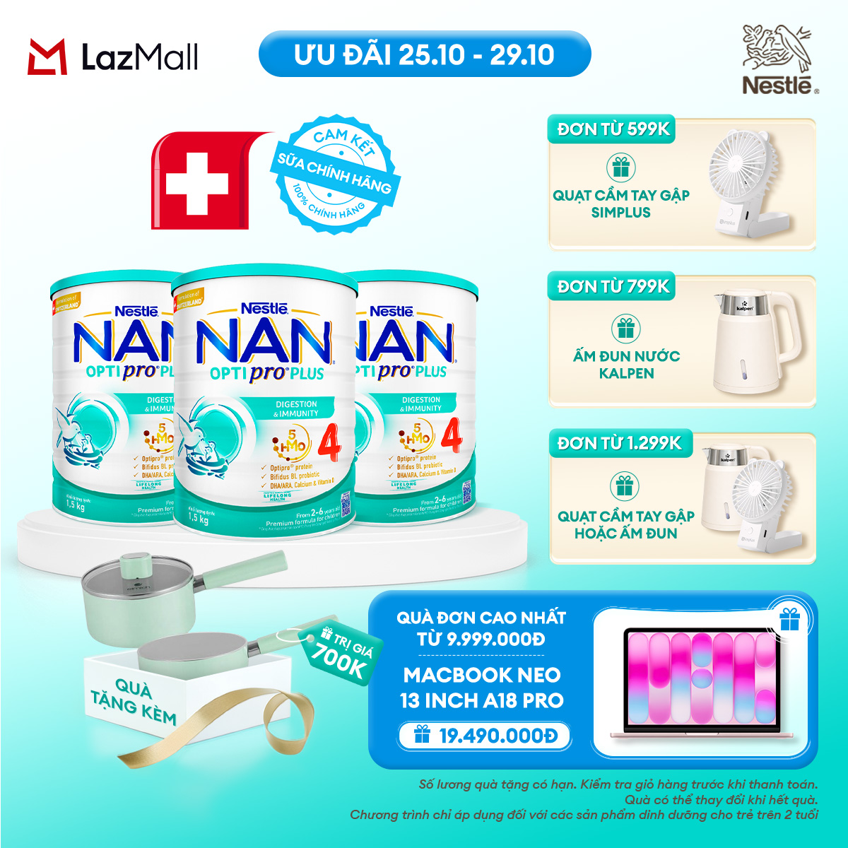 [CHỈ 25-29.10 QT ĐƠN 599K/799K/1299K] [Tặng Bộ chảo quánh elmich] Bộ 3 lon Sữa bột Nestlé NAN OPTIPRO PLUS 4 1500g/lon với 5HMO Giúp tiêu hóa tốt