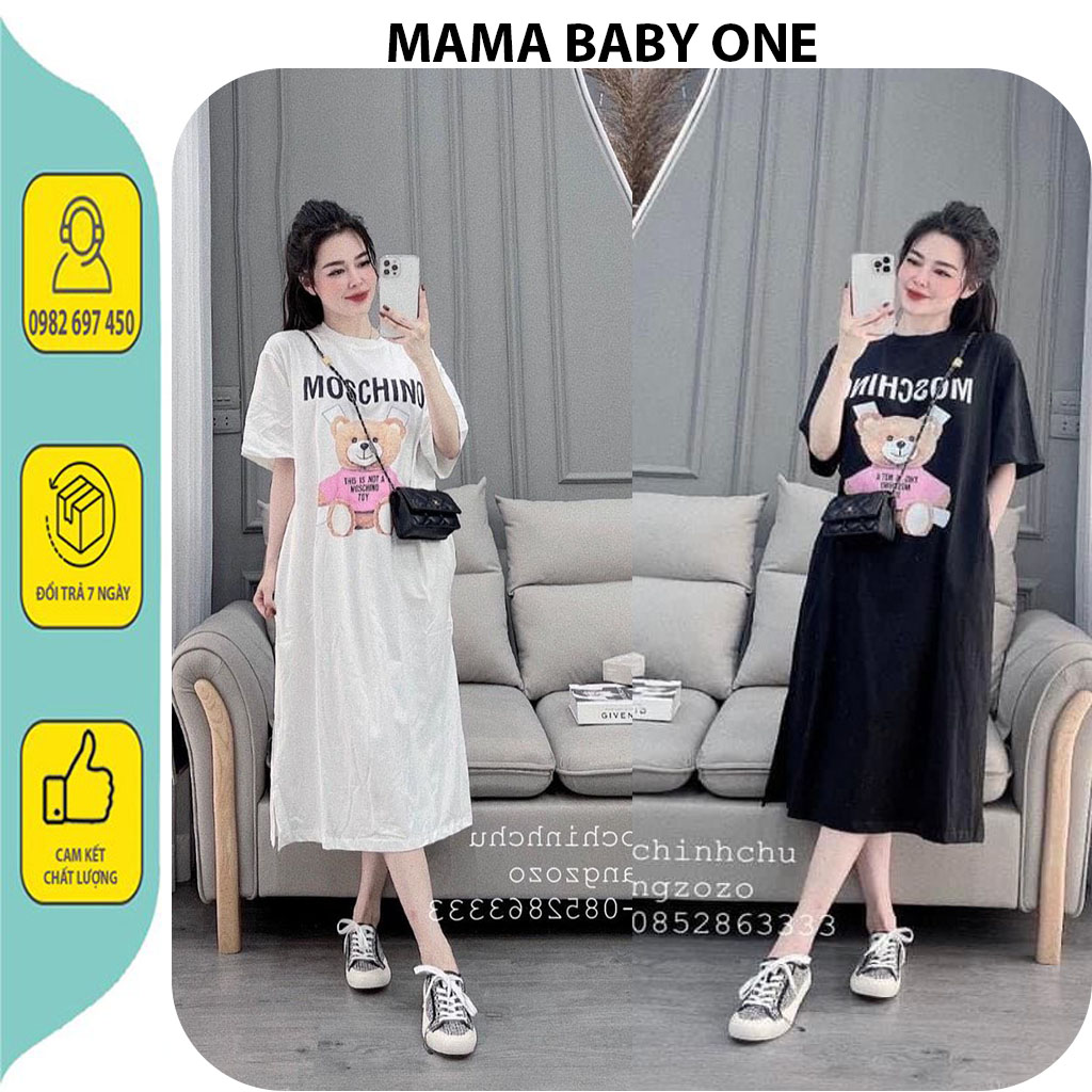 ĐẦM VÁY BẦU CÔNG SỞ MÙA HÈ V703-ĐẦM BẦU COTTON MẶC MÁT, XINH XẮN ĐI LÀM ĐI CHƠI DÁNG SUÔNG FROM RỘNG IN HÌNH GẤU CUTE