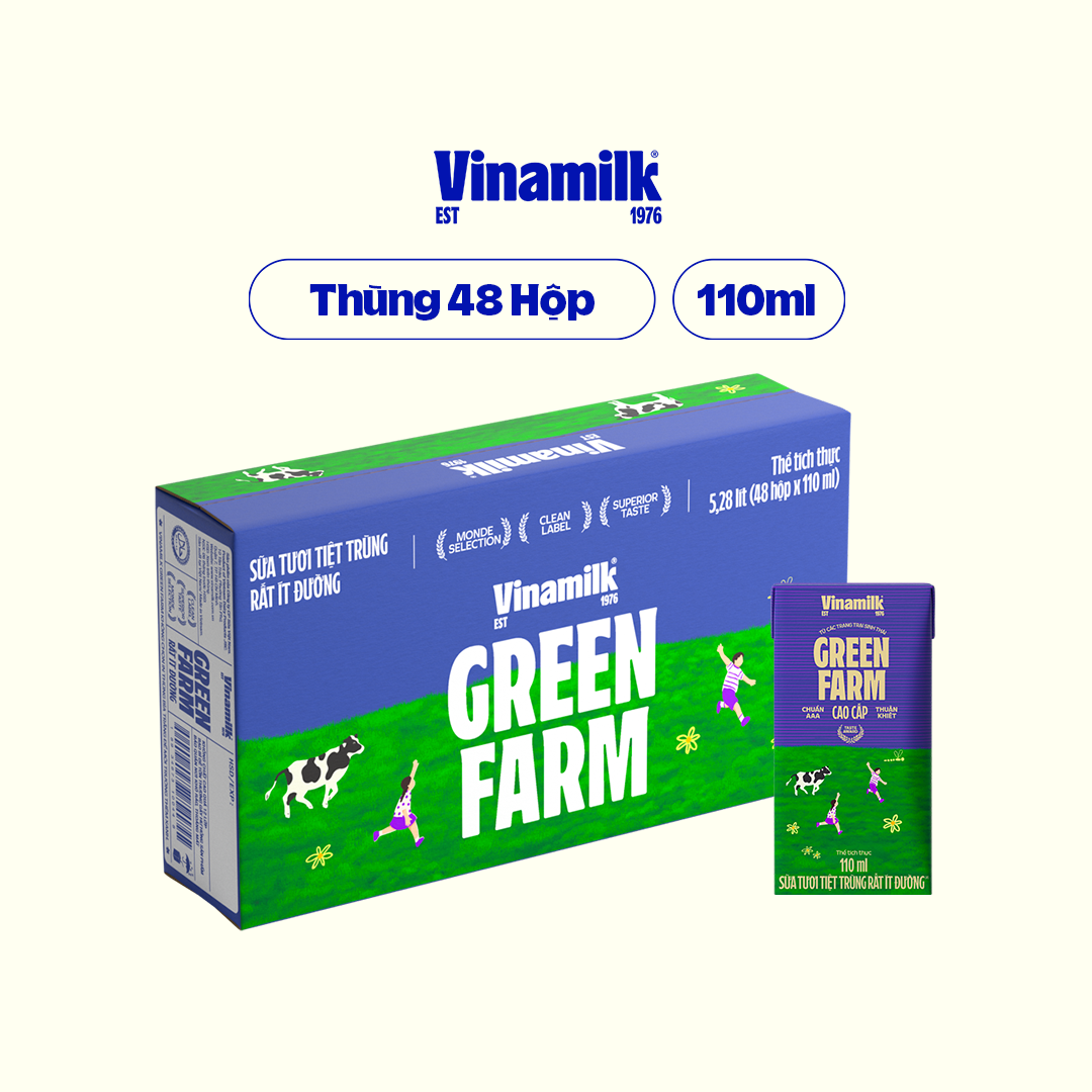 Thùng 48 hộp Sữa Tươi Tiệt Trùng Vinamilk Green Farm rất ít đường 110ml