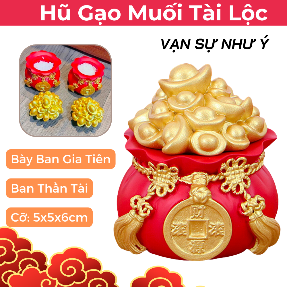 Hũ đựng muối gạo nước tài lộc, hũ tiền thần tài, hũ muối gạo tài lộc may mắn ban thần tài, Lọ đựng gạo, muối phong thuỷ hình hũ vàng chiêu tài lộc