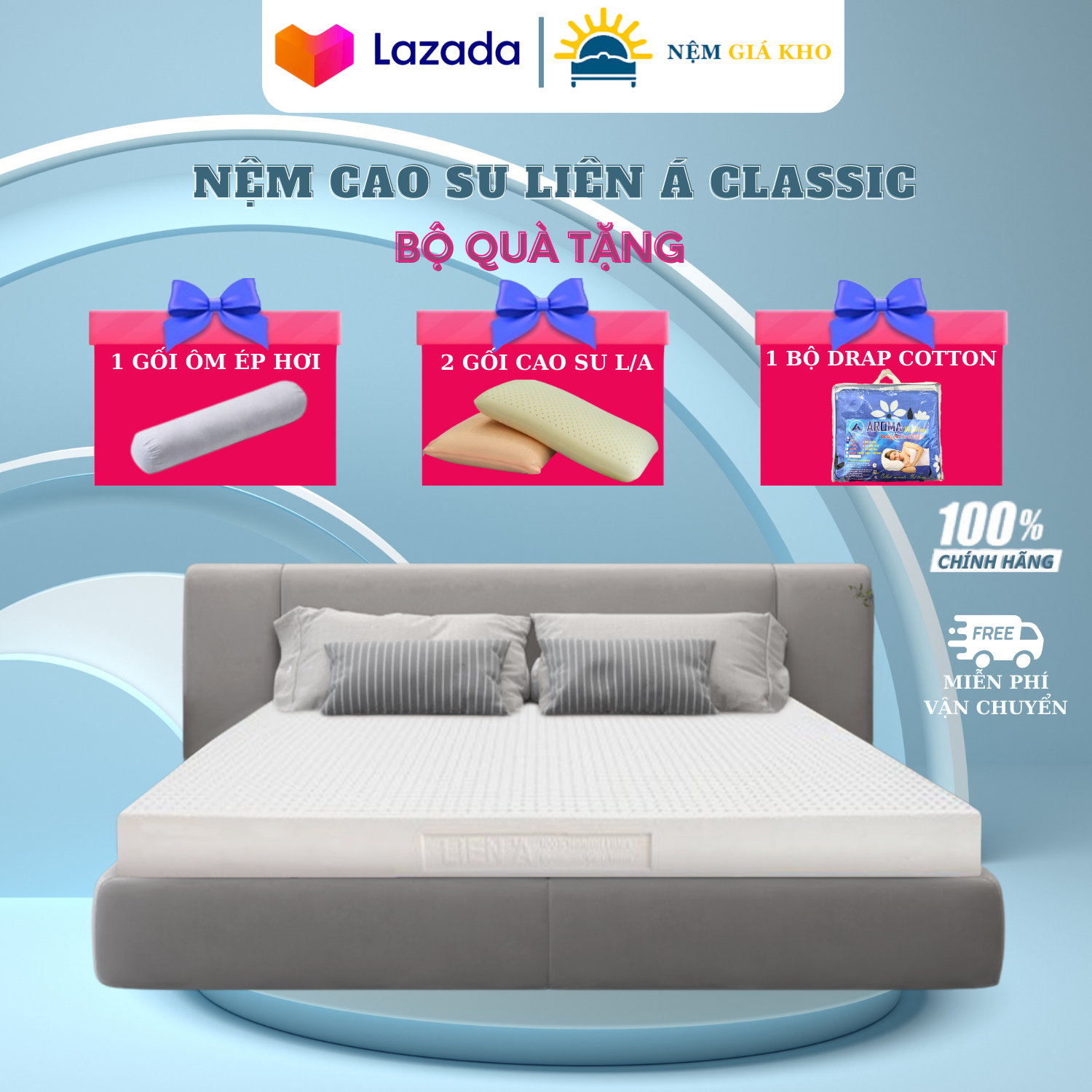 Nệm cao su liên á classic chính hãng, bảo hành 10 năm + tặng 2 gối cao su liên á, 1 gối ôm ép hơi, 1 bộ drap cotton