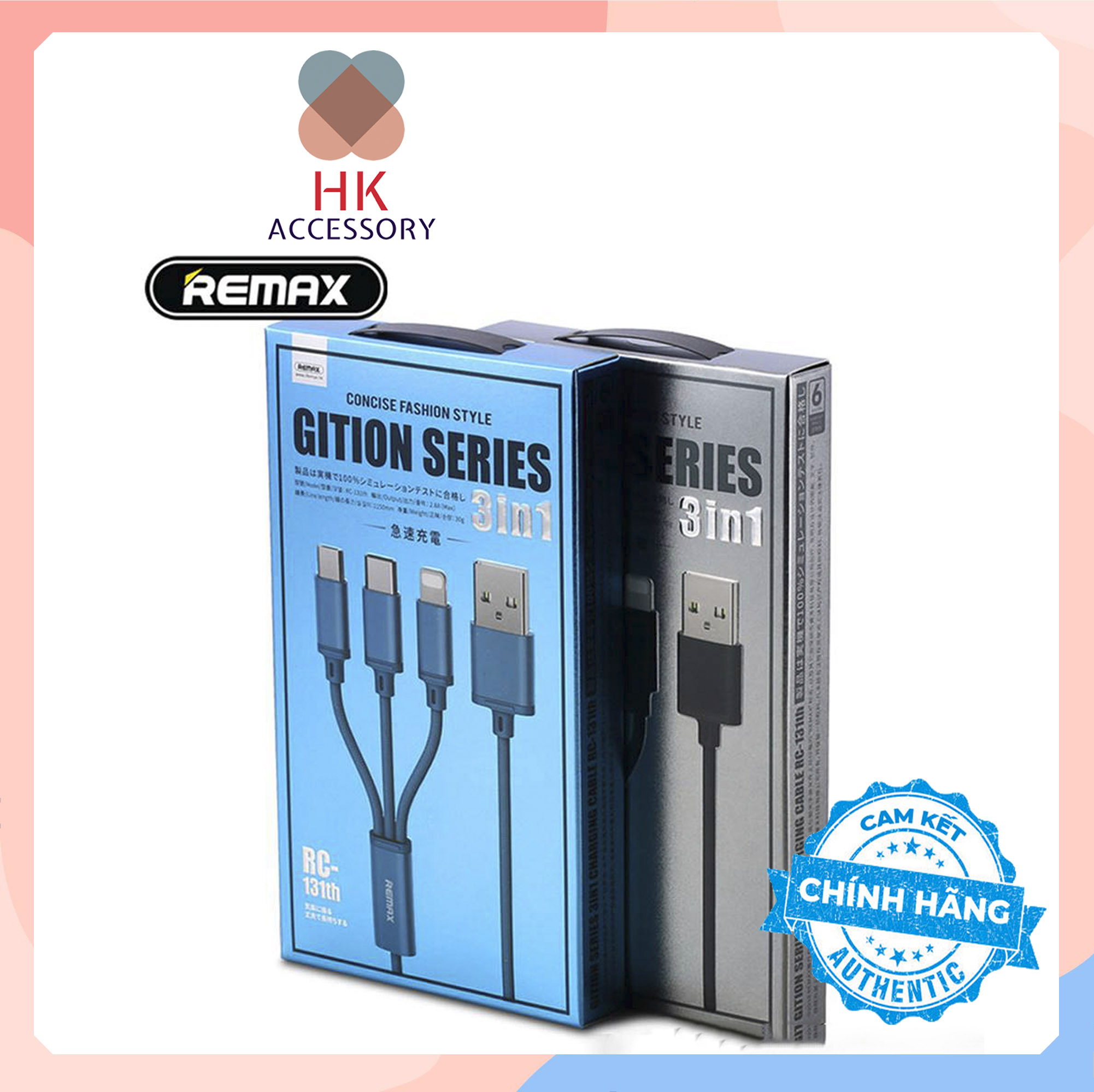 Dây cáp sạc 3 in 1 remax rc-131th chuẩn lightning + type c + micro usb hàng chính hãng