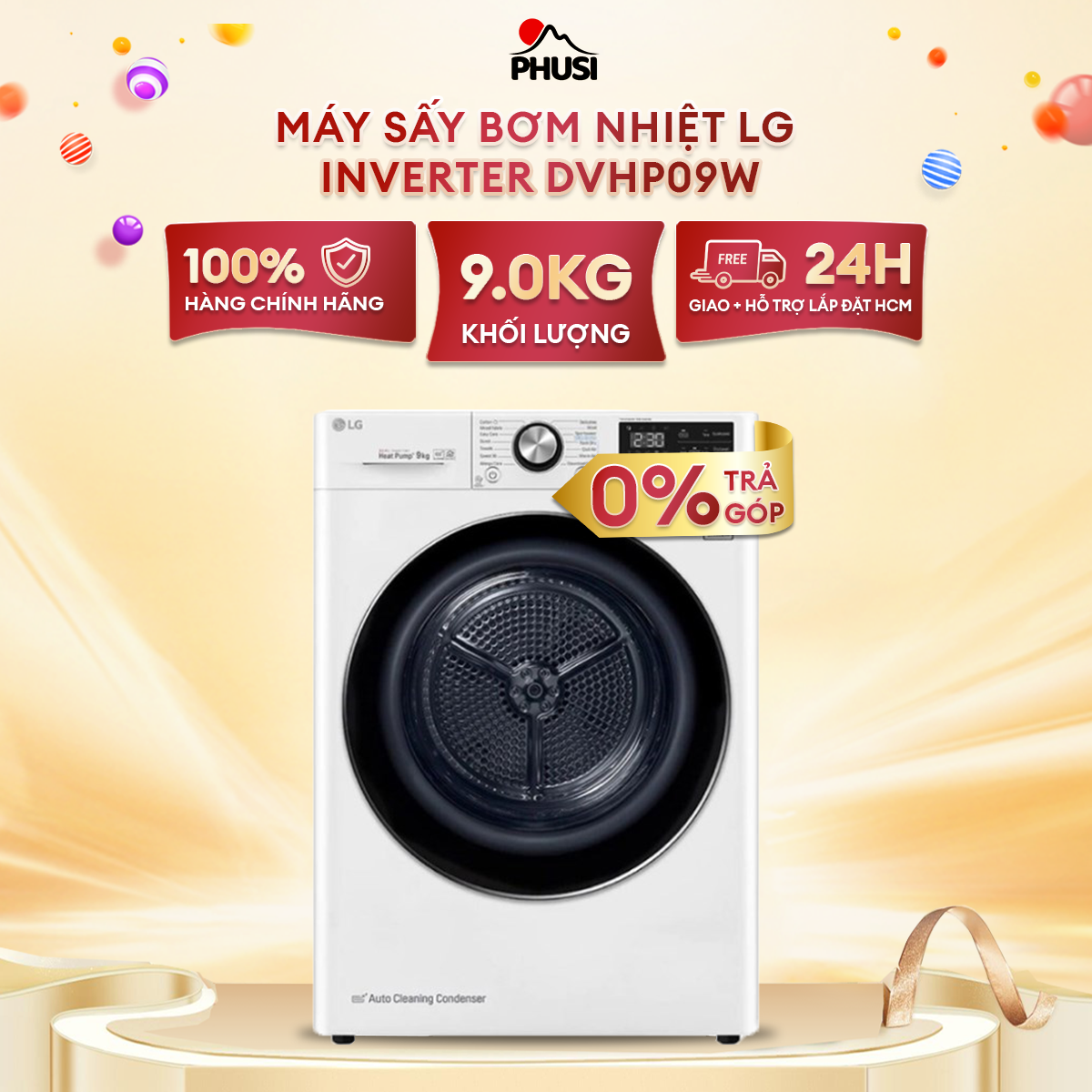Máy sấy bơm nhiệt LG Inverter 9 Kg DVHP09W - Tự động vệ sinh bộ lọc, Smart ThinQ giúp điều khiển máy giặt từ xa qua wifi, Công nghệ sấy Heatpump