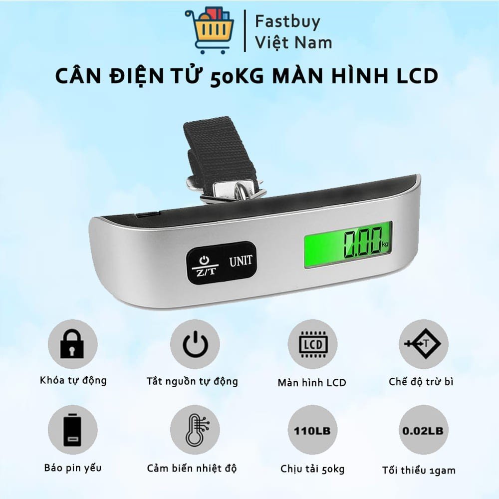 Cân Điện Tử Màn Hình LCD Cầm Tay Tối Đa 50Kg,  Cân Điện Tử Cầm Tay Chuyên Dùng Cân Hành Lý Xách Tay