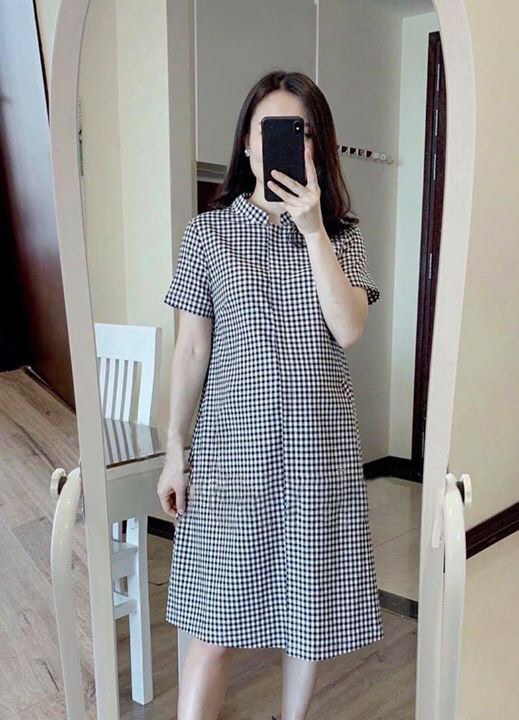 Váy Bầu Suông Kẻ Caro Cổ Bổ Cơi MYC 1303