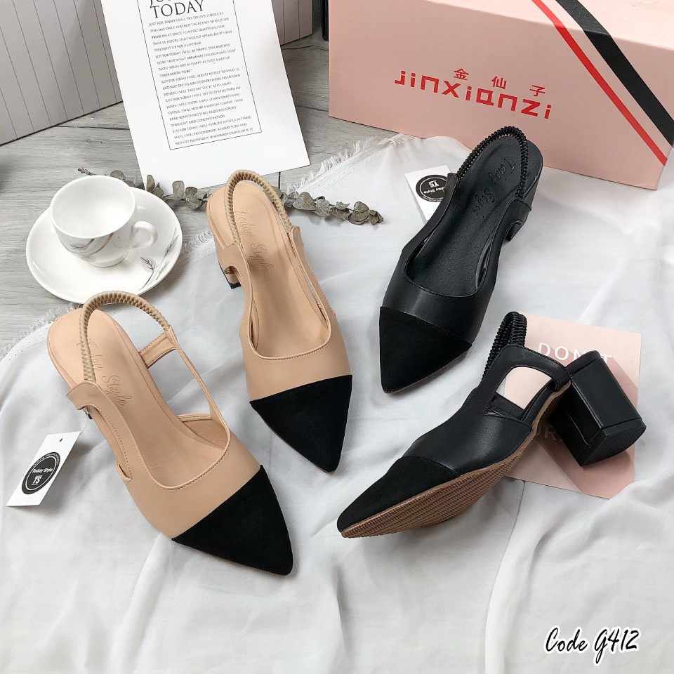 Sandal nữ bít mũi gót vuông quai hậu chun co giãn 5cm - g412