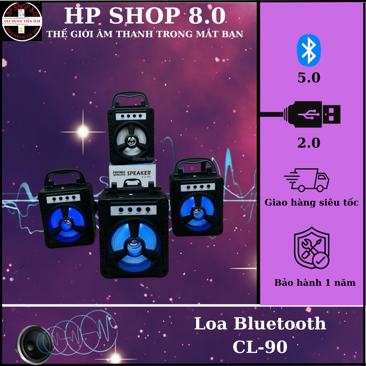 Loa Bluetooth mini xách tay CL-90 Hỗ trợ cắm thẻ nhớ, USB. Có đèn led nhấp nháy.