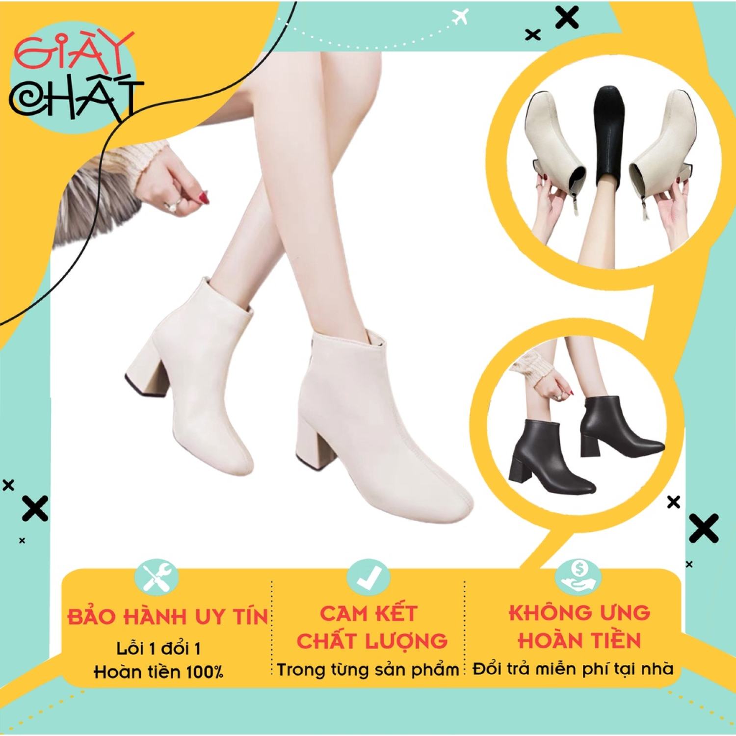 Bốt nữ cổ lửng chất da, giày boot nữ công sở gót vuông khóa sau da sần và da lì