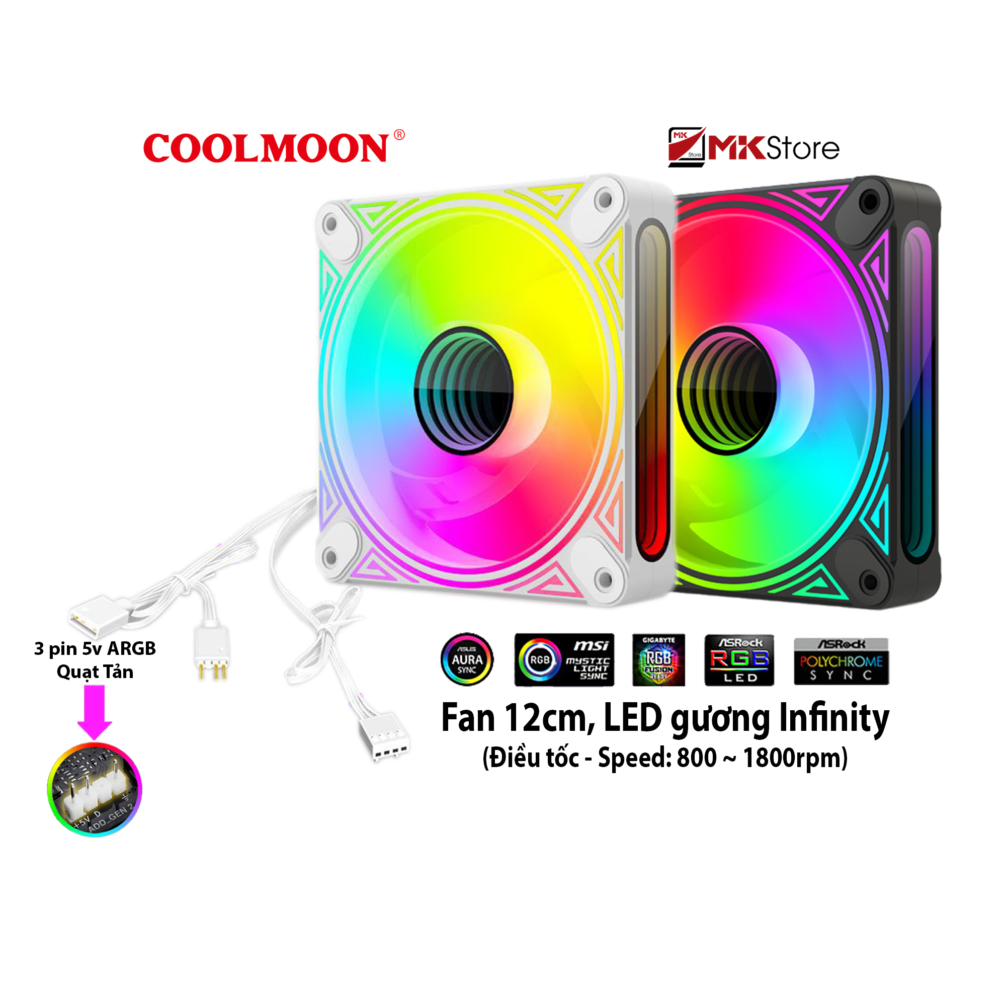 Quạt tản nhiệt fan vô cực coolmoon dm1 sync 3pin 5v a-rgb mkstore