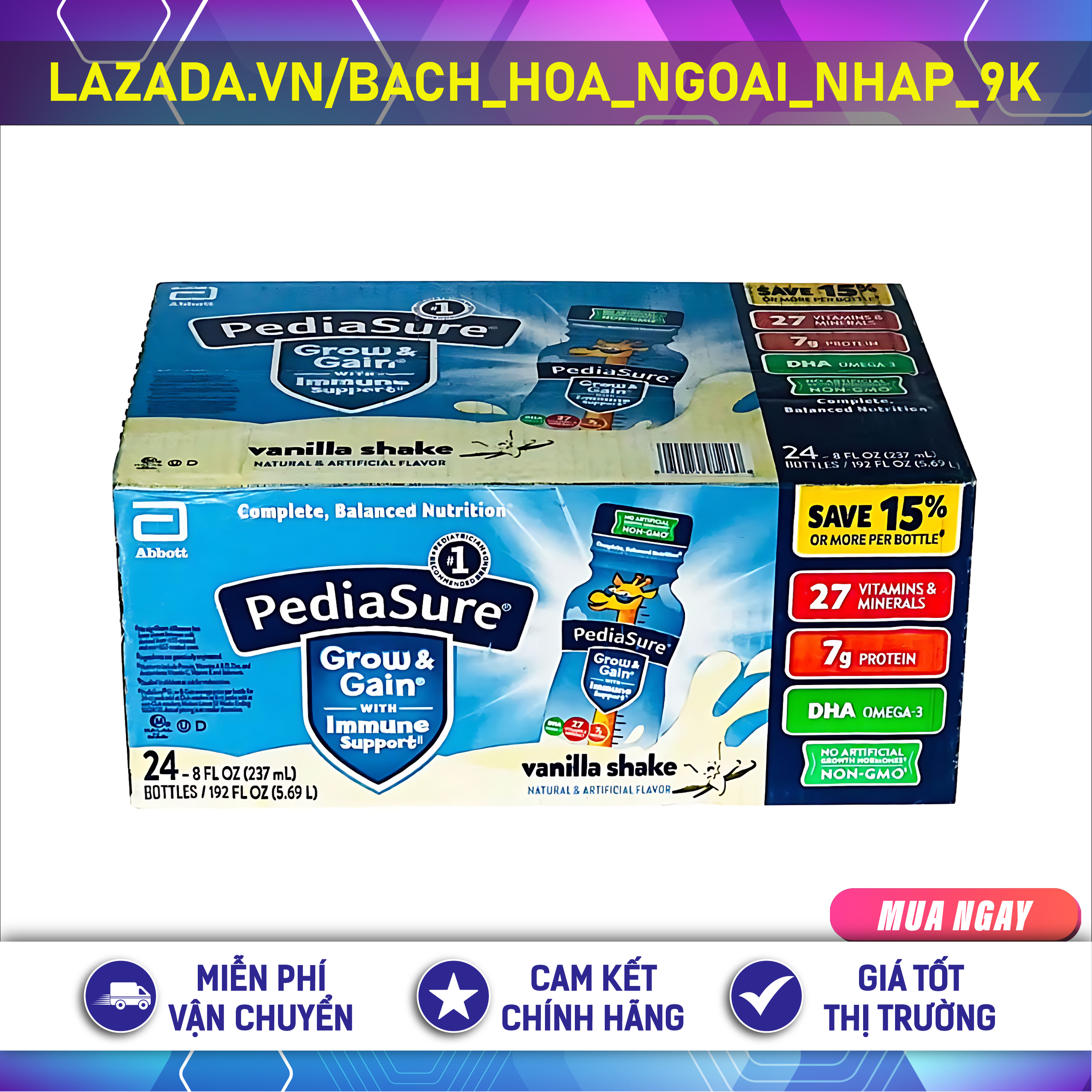 Thùng 24 chai sữa nước Pediaasure Grow Gain DHA hương Vanilla 237ml của Mỹ