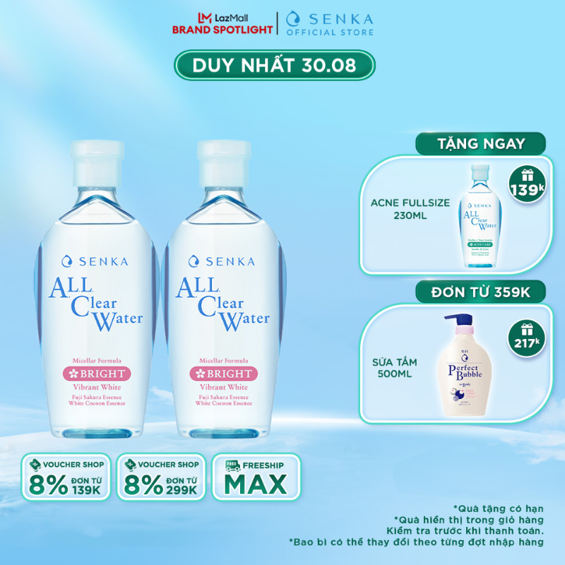 Bộ đôi nước tẩy trang micellar không cồn sạch sâu giảm thâm sạm senka a.l.l clear water white 230mlx2