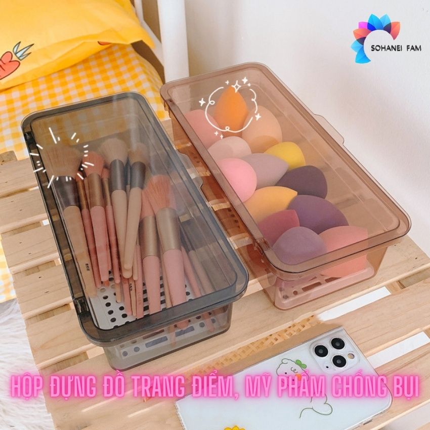 [NHIỀU MẪU] Hộp Đựng Cọ Trang Điểm, Mỹ Phẩm Trong Suốt Có Nắp, Chống Bụi Chống Thấm Nước -SOHANEI FAM- Lovely Cosmetic Storage Box