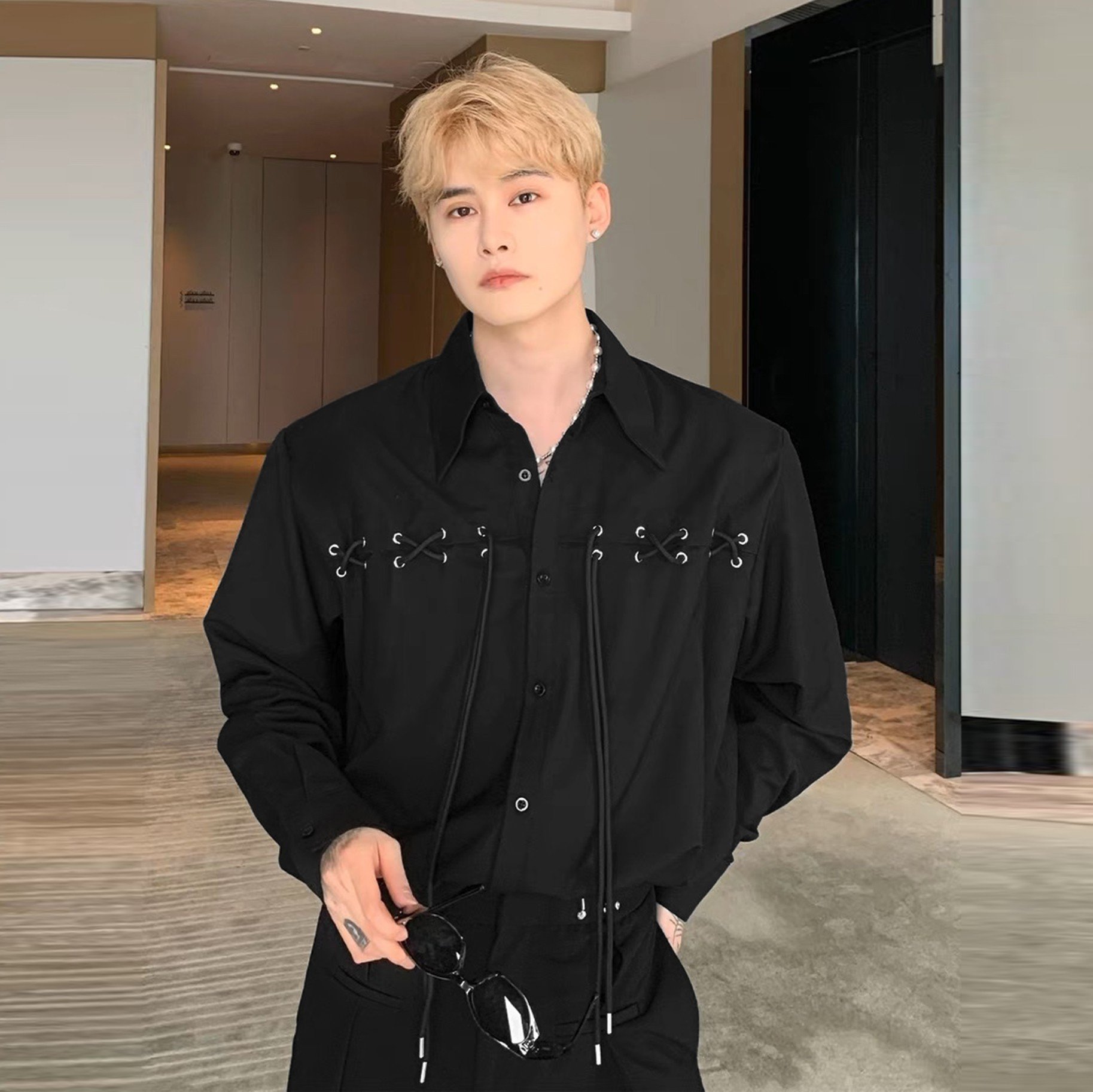 Sơ mi nam tay dài đan dây form rộng - Layunisex