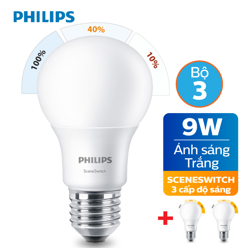 Bộ 3 bóng đèn led philips scene switch 9w 3 cấp độ chiếu sáng 6500k e27 a60 - ánh sáng trắng