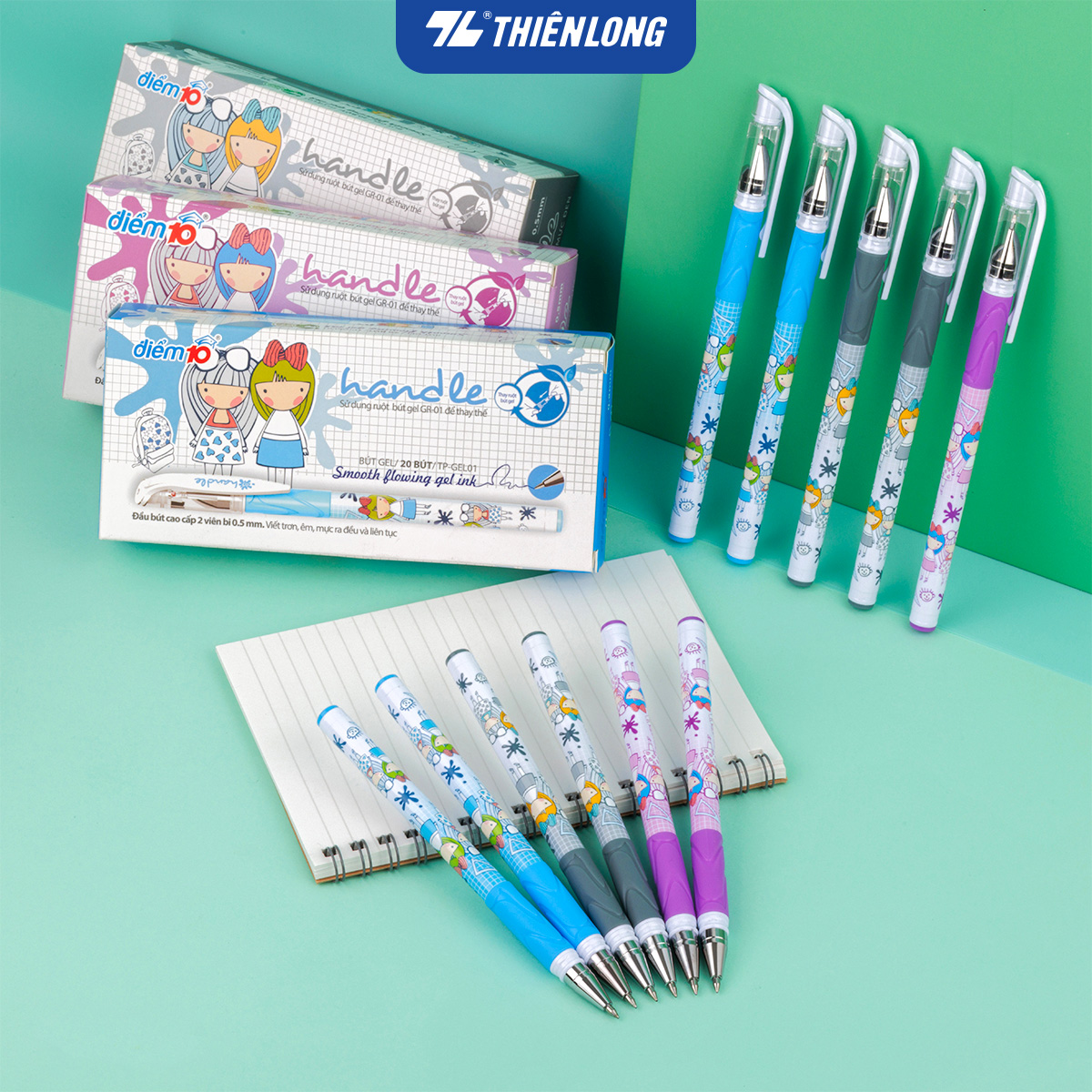 Combo 5/10/20 Bút Gel Thiên Long TP-GEL01 ngòi 0.5mm mực nước đậm và tươi sáng thân bút in họa tiết nhân vật hoạt hình