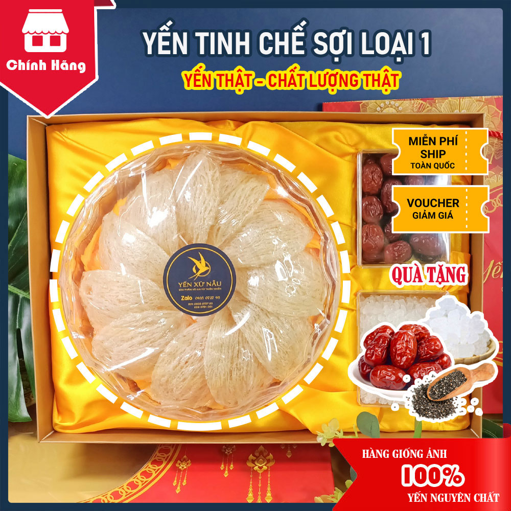 100gr yến sào tinh chế sợi dài nguyên chất - quà tặng táo đỏ + đường phèn + hạt chia - yến xứ nẫu - yến bình định - yến tinh chế loại 1
