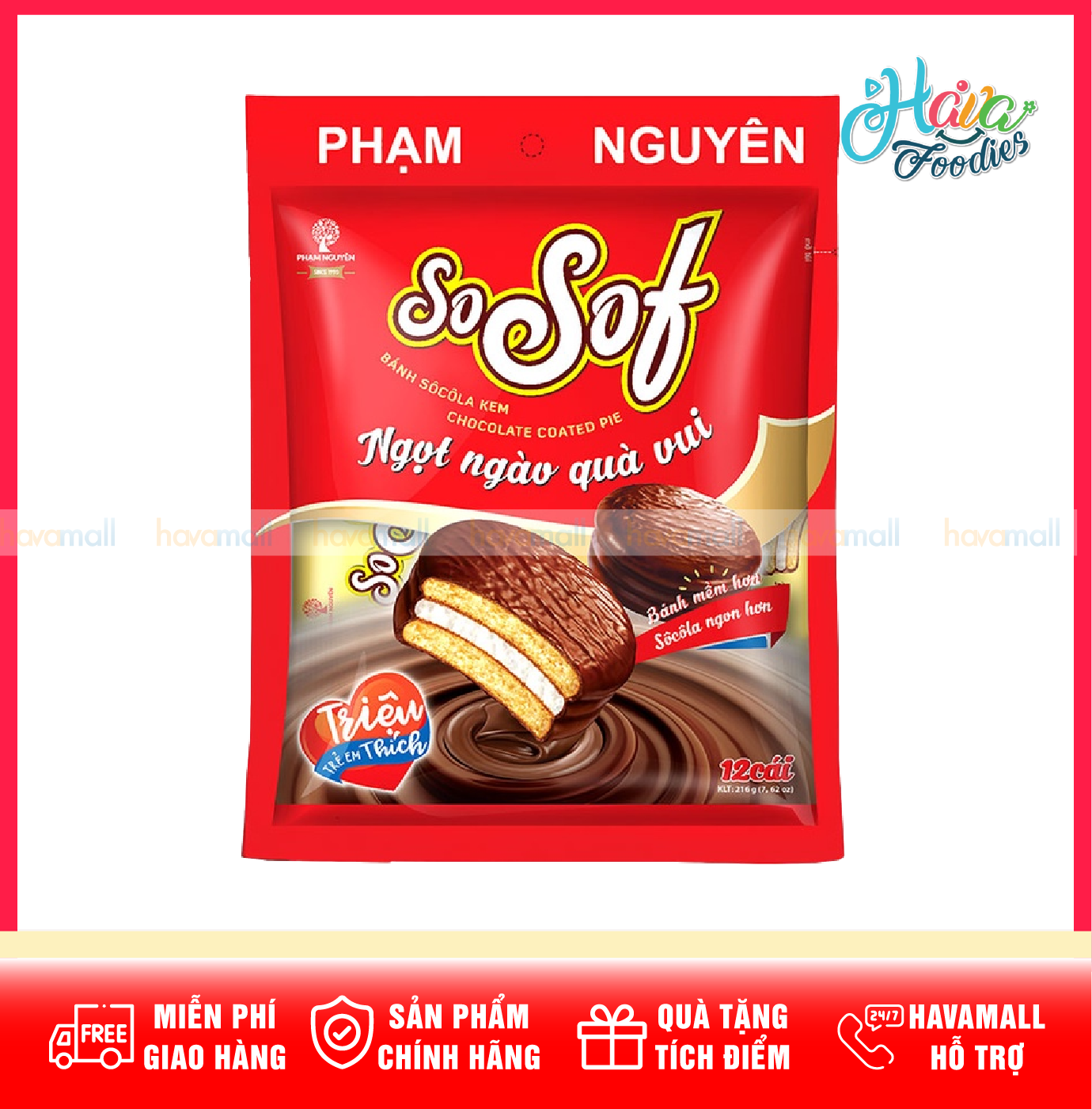 Bánh Socola Kem Phủ SoSof Phạm Nguyên 12 Cái/216g – Chocolate Coated Pie