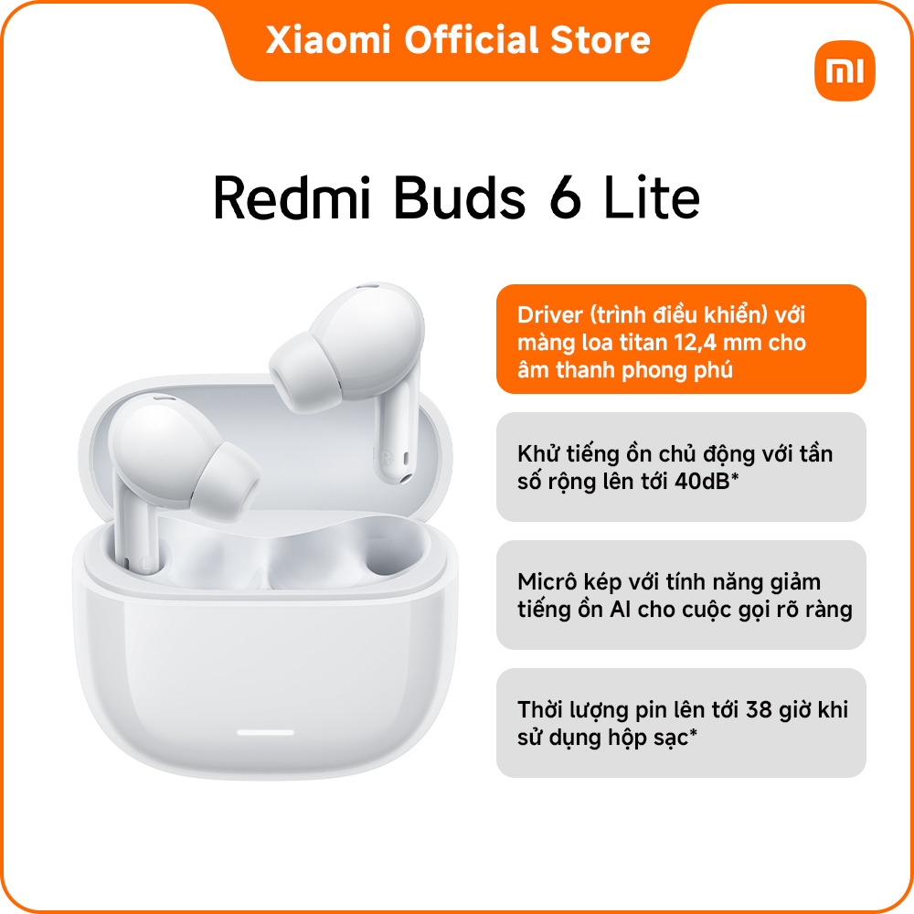Tai nghe Bluetooth REDMI Buds 6 Lite | Driver (trình điều khiển) với màng loa titan 12,4 mm cho âm thanh phong phú | Khử tiếng ồn chủ động với tần số rộng lên tới 40dB* | Micrô kép với tính năng giảm tiếng ồn AI cho cuộc gọi rõ ràng