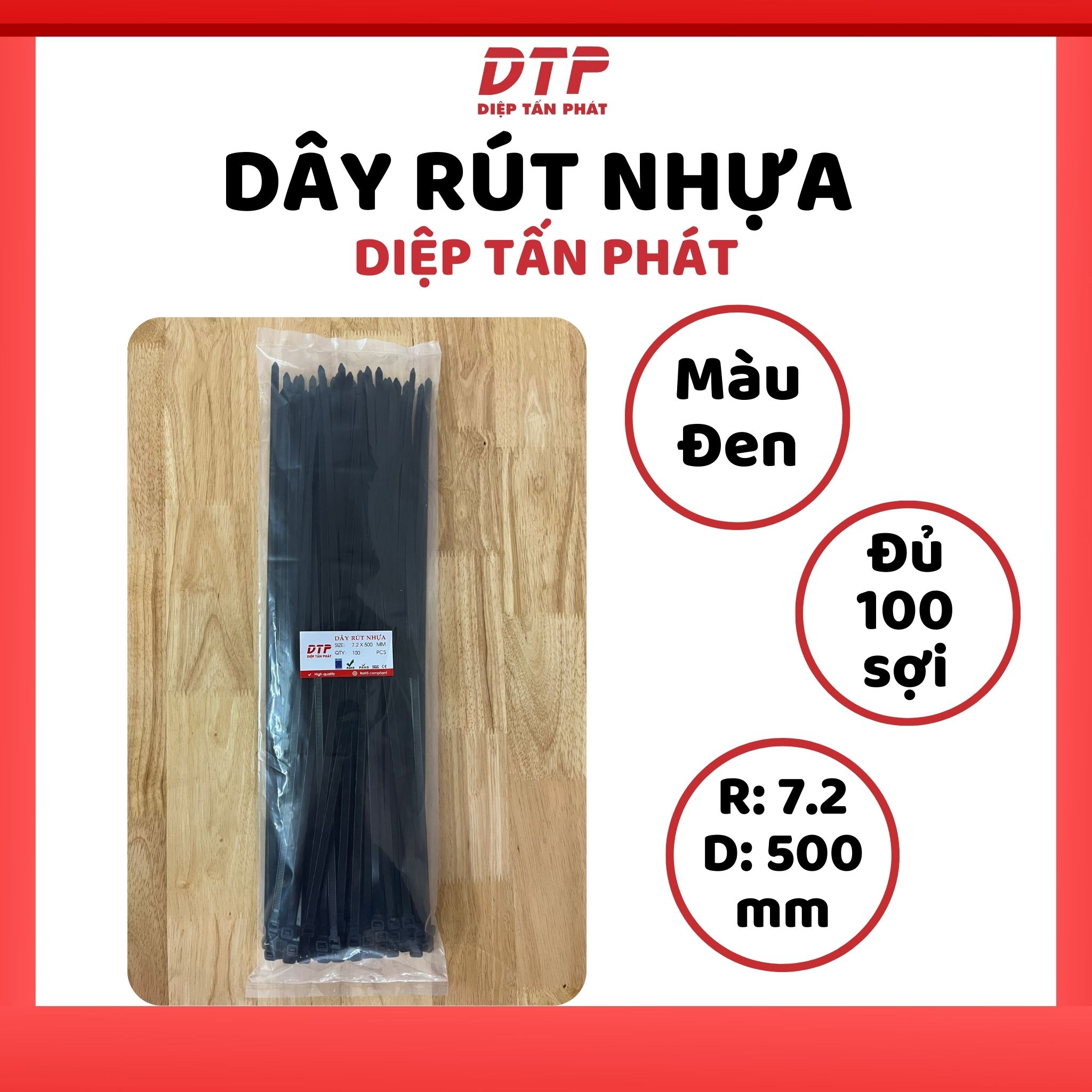 Túi 100 sợi dây rút nhựa diệp tấn phát: màu trắng/đen - 7.2x500mm