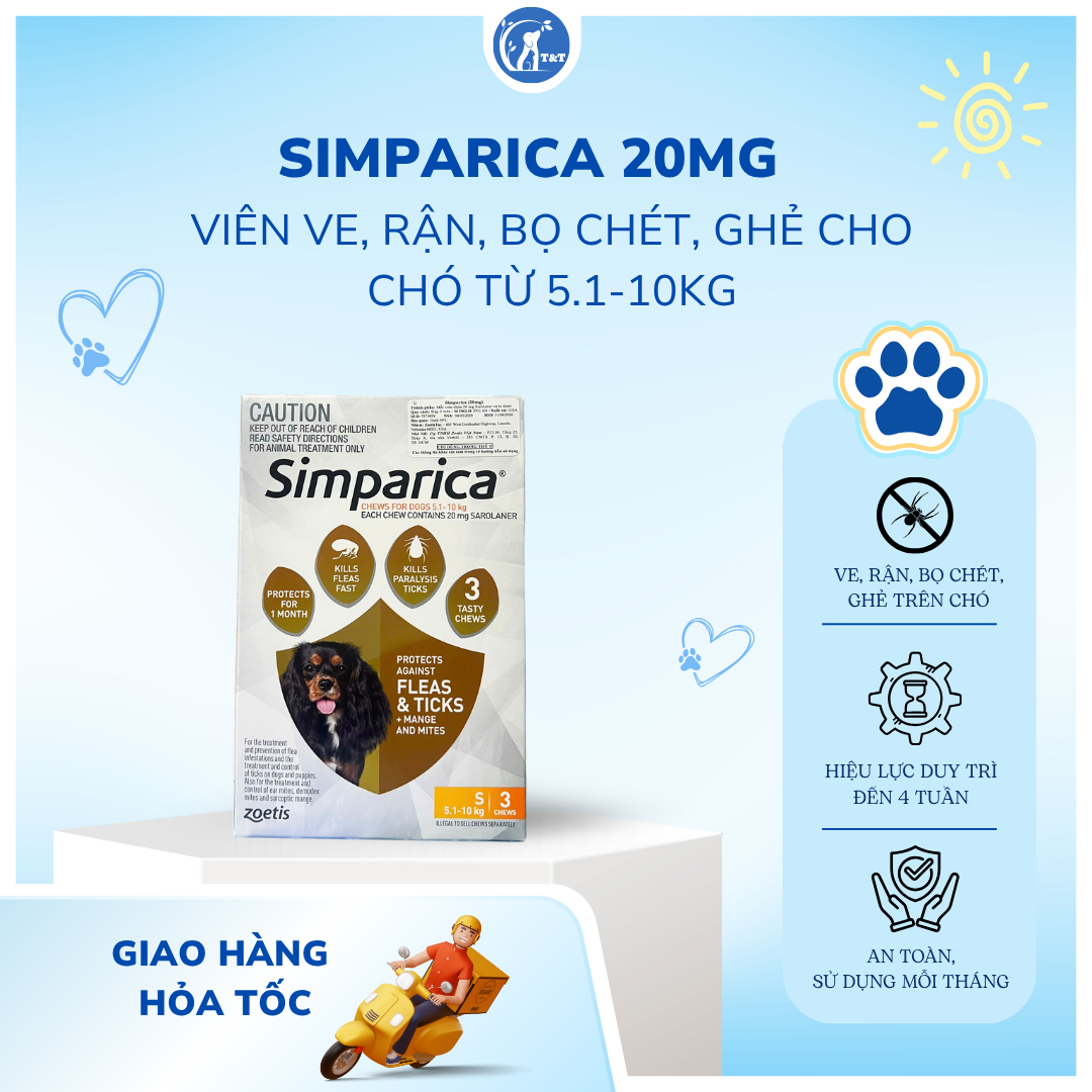  Viên Nhai Simparica size S từ 5.1-10kg Phòng Và Trị Ve Rận Bọ Chét Trên Chó 