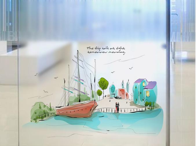 [HCM]Decal Dán Kính Cao Cấp - Thuyền tranh bãi biển ( 60x58 )-DK7069