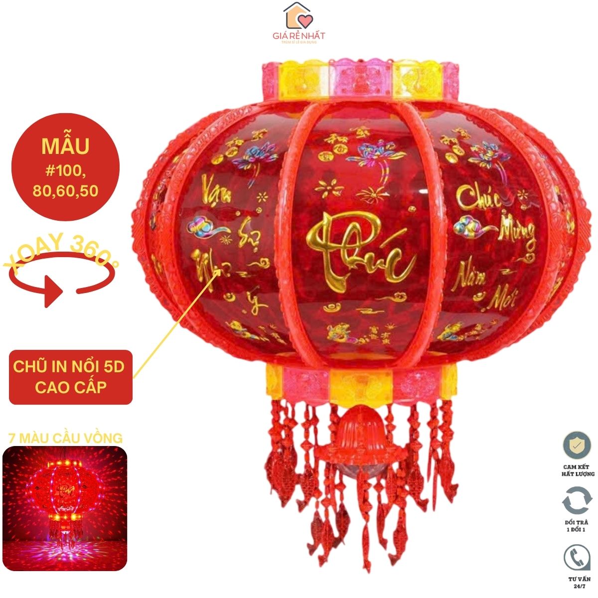  Combo 2 Lồng Đèn Tết Size 150- 100- 80 -60 Chạy Điện Xoay 360 Độ Trang Trí Tết Đám Cưới Tân Gia LED 7 Màu Sang Trọng 