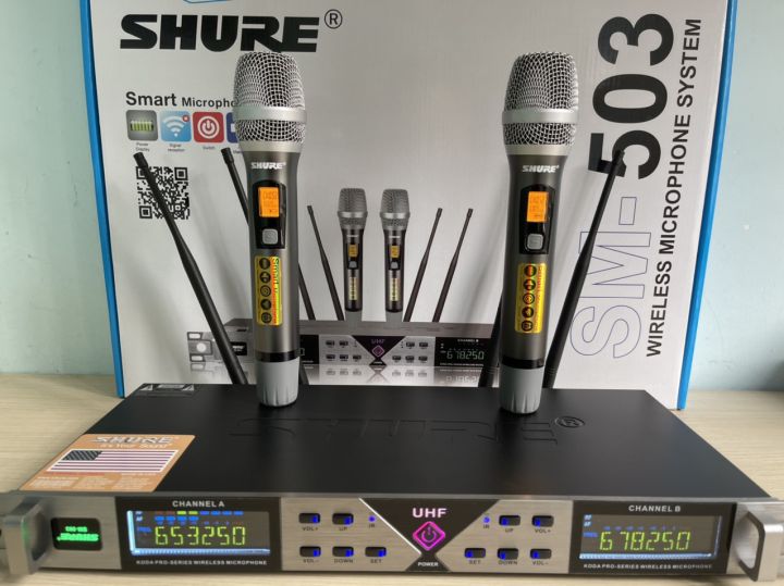 Micro không dây shure sm 503 - micro hát karaoke không dây 4 anten sóng cực khỏe chống hú, cảm biến tự ngắt, chất âm cực chắc, âm thanh trong sáng, micro karaoke bluetooth không dây - mic hát gia đình bh 12 tháng