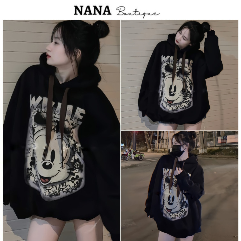 Áo hoodie in hình mickey form rộng dáng dài, áo unisex nỉ xinh xắn