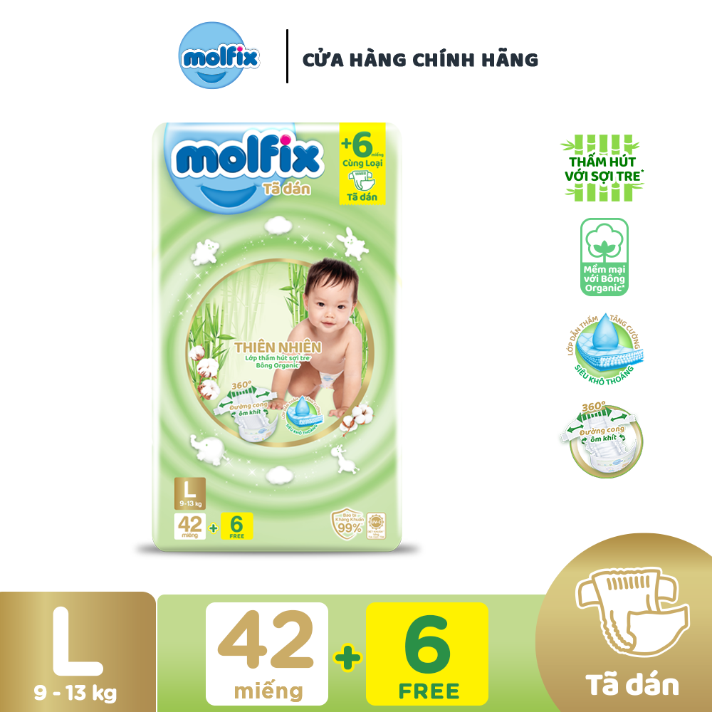Tã/bỉm dán Molfix Thiên nhiên Jumbo L - Gói 42+6 miếng Tã/bỉm dán Molfix Thiên nhiên Jumbo L - Gói 42+6 miếng