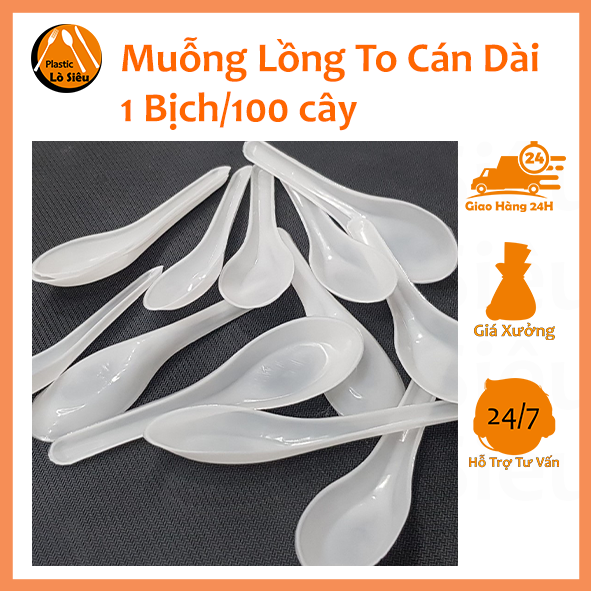 100 muỗng nhựa sử dụng một lần, thìa muỗng nhựa cơm hộp, muỗng nhựa giá rẻ lồng to cán dài