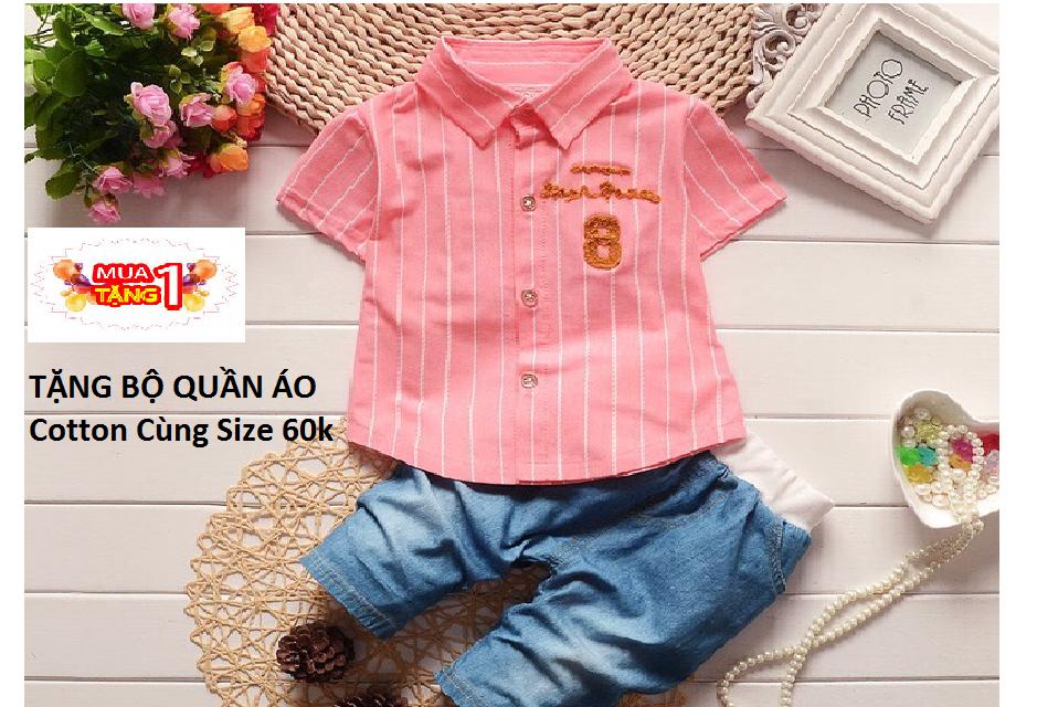 ĐỒ BỘ BÉ TRAI ÁO SƠ MI, QUẦN GIẢ BÒ CUTE HÀN QUỐC- TẶNG BỘ COTTON CÙNG SIZE TRỊ GIÁ 60 K