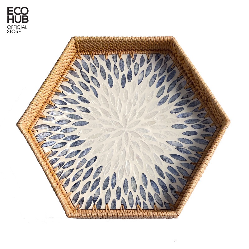 Khay mây lục giác ECOHUB khảm trai để hoa quả, bánh kẹo, decor trang trí trên bàn ăn E00207