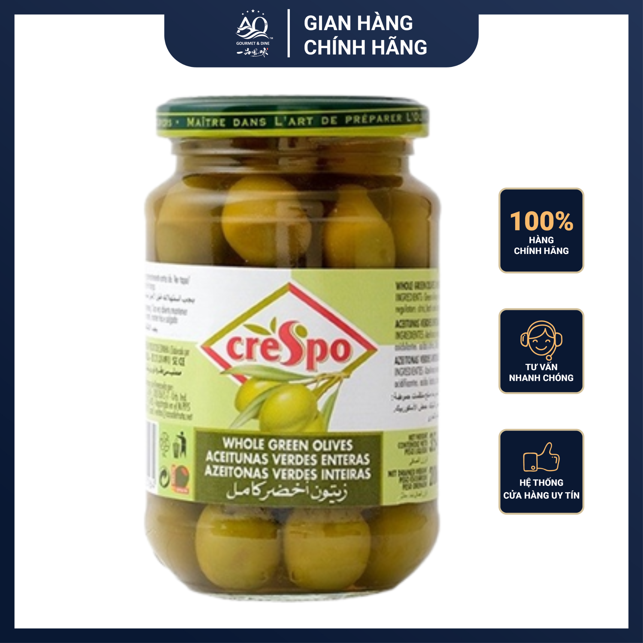 Trái Oliu Xanh Nguyên Trái Crespo 370ml - Crespo Whole Green Olives