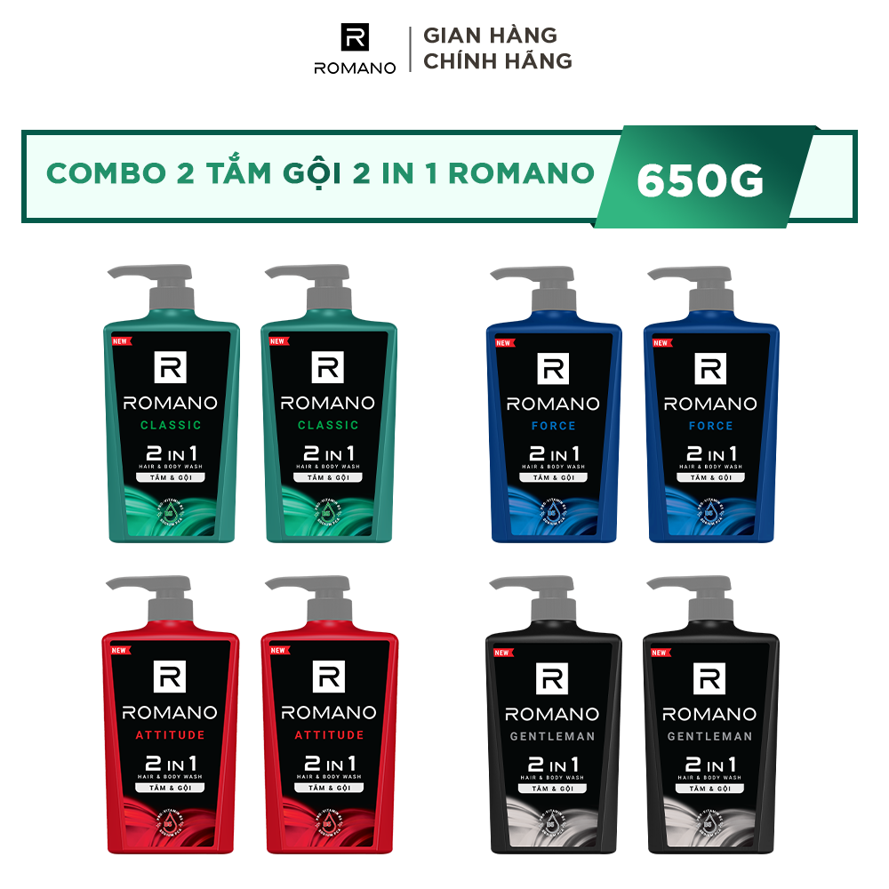 Combo Tắm gội 2 trong 1 Romano 2in1 650g/chai