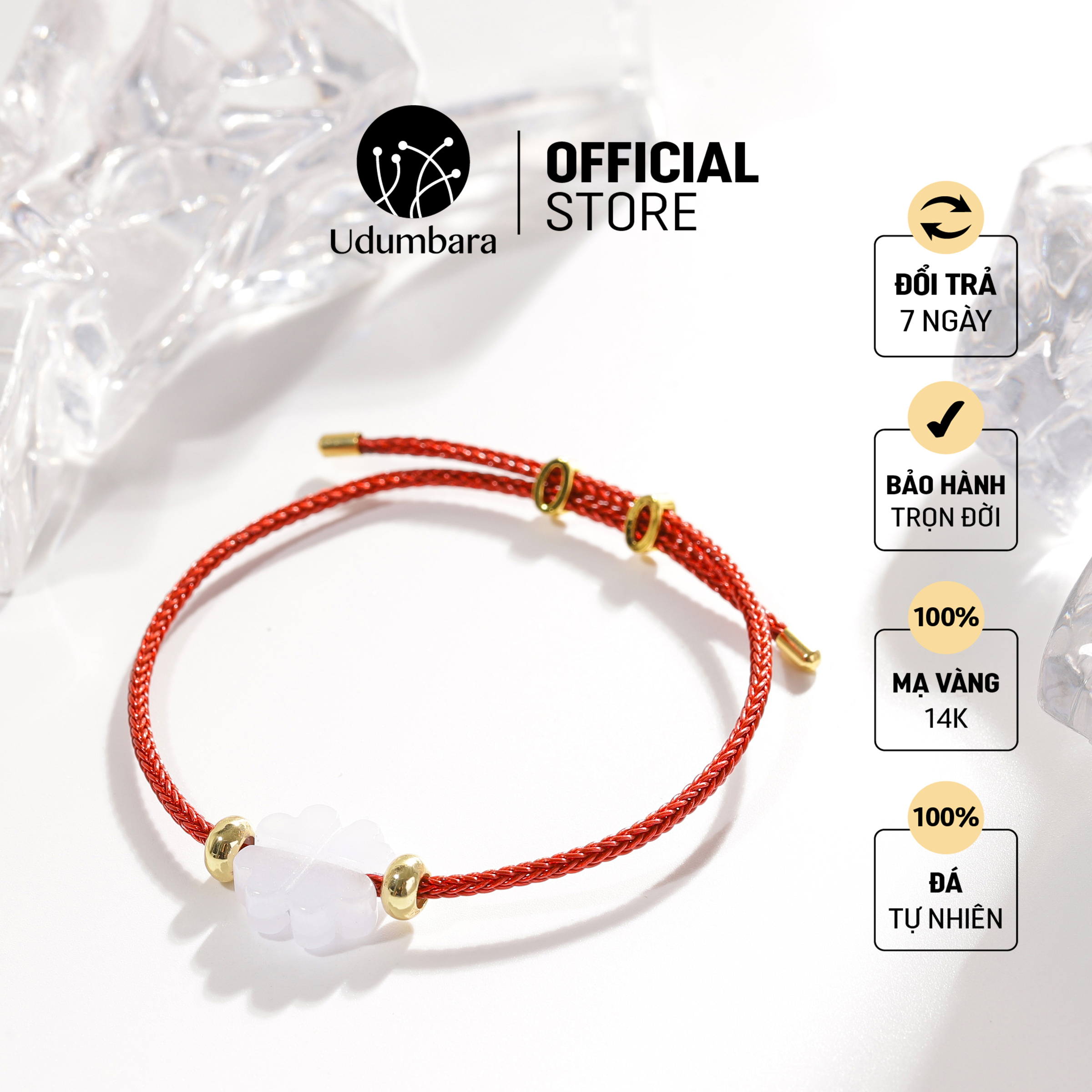 Vòng tay cuff đỏ cẩm thạch trắng 4 lá may mắn phong thủy Udum