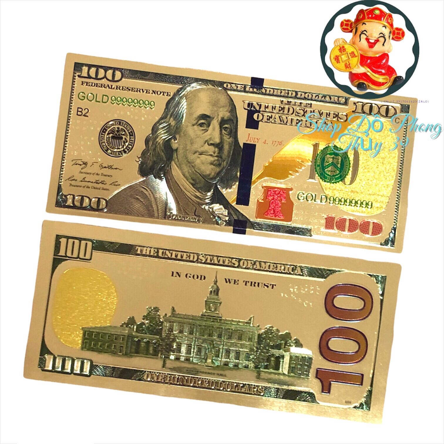 Tiền kỉ niệm plastic mạ vàng 24k mệnh giá 100usd phong thuỷ may mắn