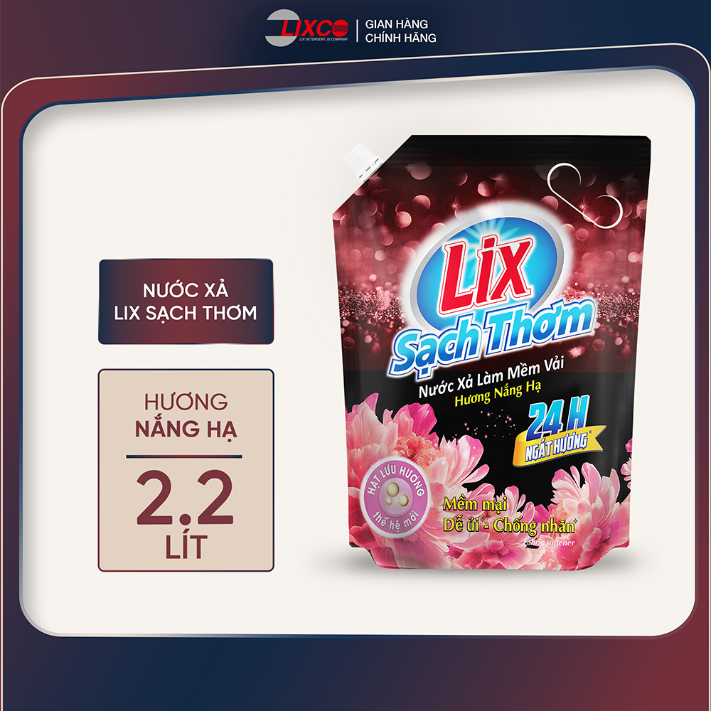  Nước xả làm mềm vải Lix sạch thơm hương nắng hạ túi 1,8L 2,2L - Nước xả hạt lưu hương thơm lâu thấm sâu sợi vải - Lixco Việt Nam 