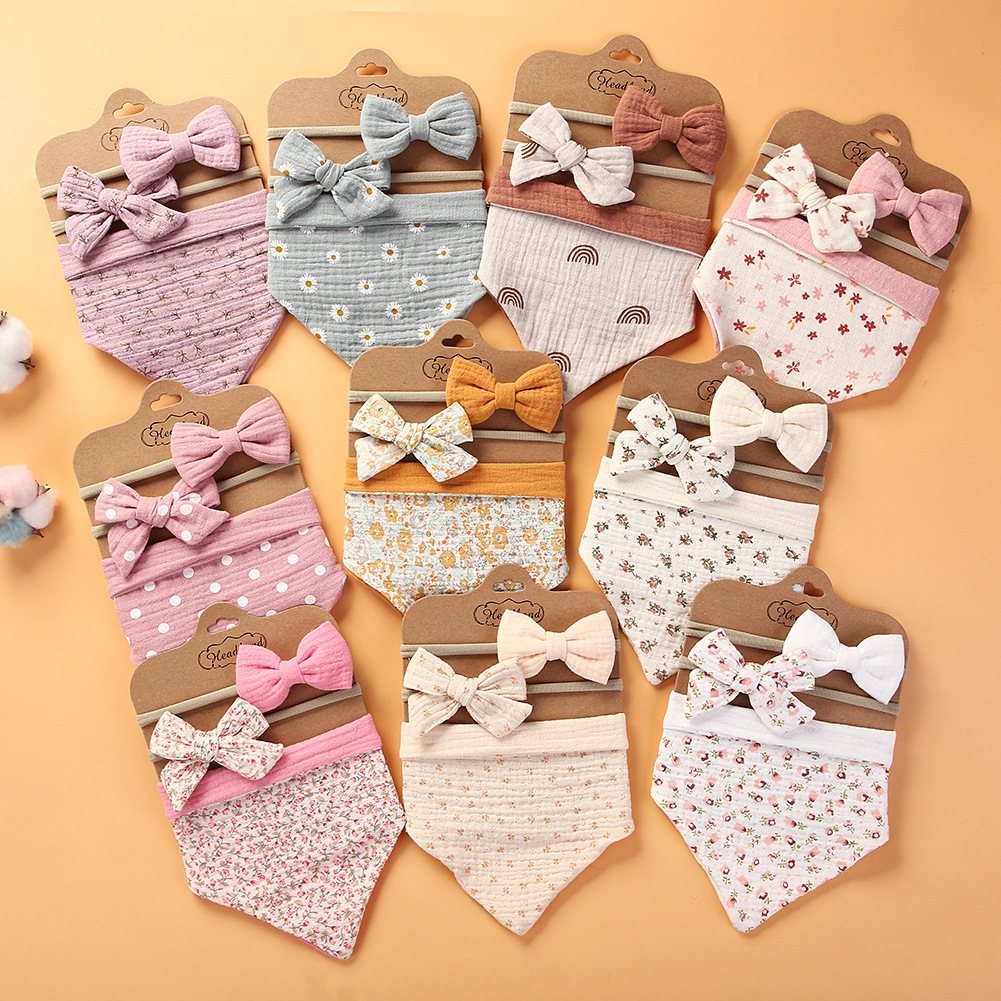 JH 3Pcs Set Muslin Cotton Baby Bib Bow Headband Adjustable Button Saliva