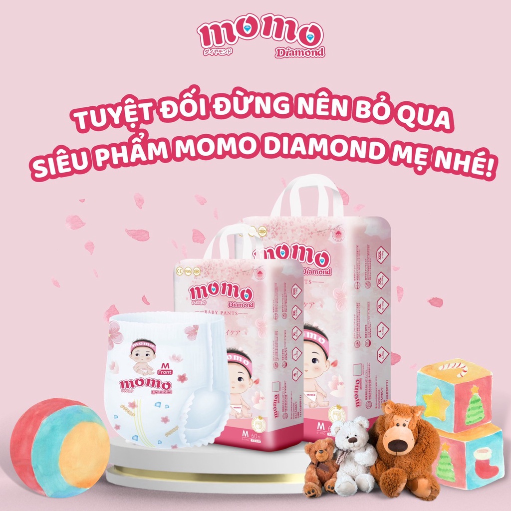 Bỉm tã dán/quần MOMO DIAMOND ORGANIC S64/ M60/L54/XL50/XXL48/XXXL46 tinh chất hoa anh đào