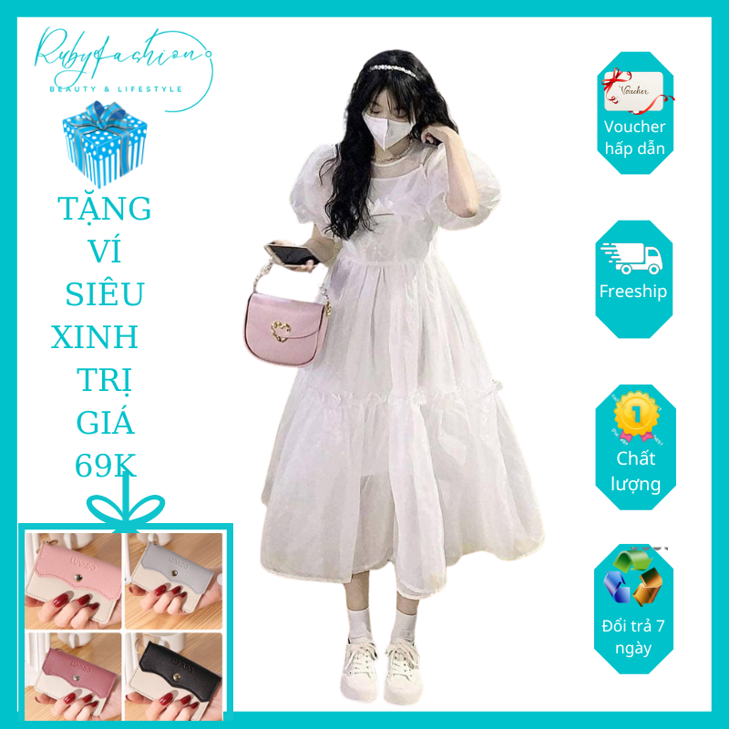 ]Đầm nữ váy nữ đầm dự tiệc váy nữ đi tiệc cưới đầm trắng đầm đi đám cưới phong cách tiểu thư váy nơ tay bồng siêu xinh XuongRubyTamnd tặng ví 69k