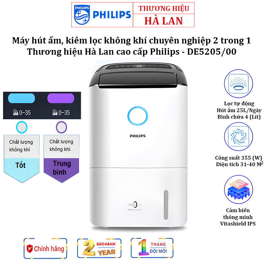 Máy hút ẩm kiêm lọc không khí cao cấp trong nhà nhãn hiệu Philips DE5205/00 công suất 355W, tích hợp 4 cảm biến chất lượng không khí