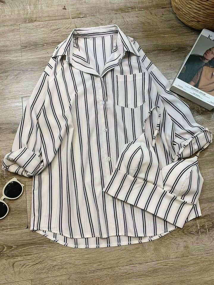 Set sơ mi tay dài kẻ sọc + áo 2 dây