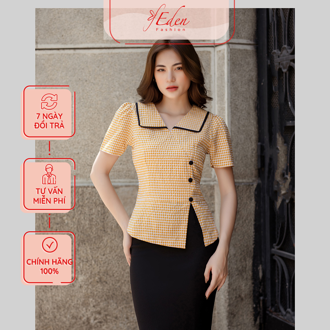 Áo kiểu nữ caro công sở cổ sen vuông viền đen thời trang Eden - ASM200