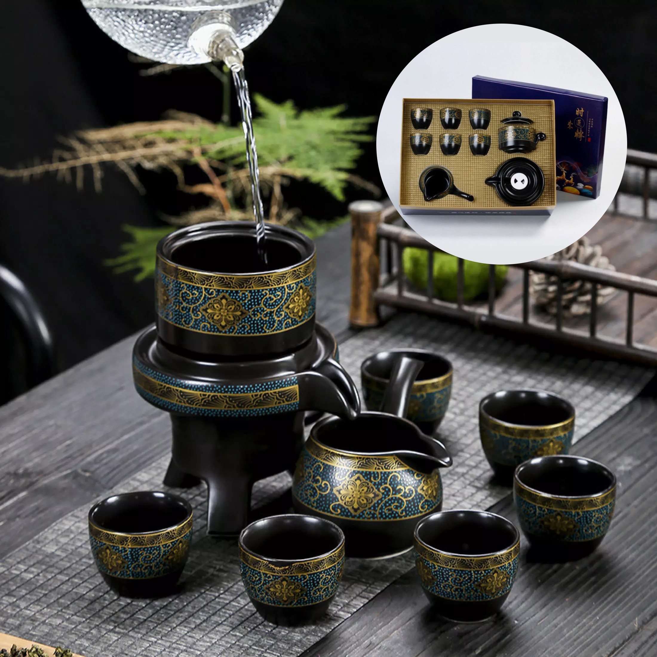 Bộ Ấm Chén Pha Trà Đạo Kiểu Hoài Cổ Bằng Gốm Sứ Cao Cấp (bao gồm 1 ấm trà, 6 chén trà và 1 bộ cối xay) Kèm Hộp Qùa Tặng