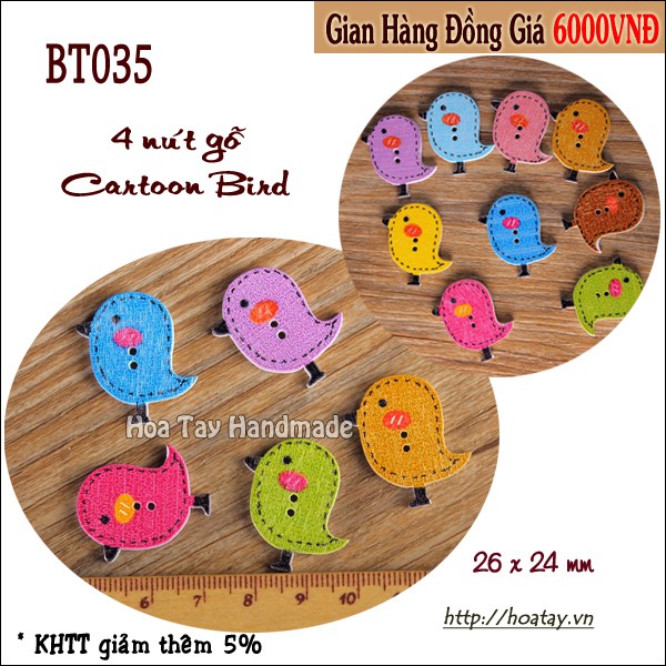 Nút gỗ trang trí cartoon bird bt035 - hoa tay handmade