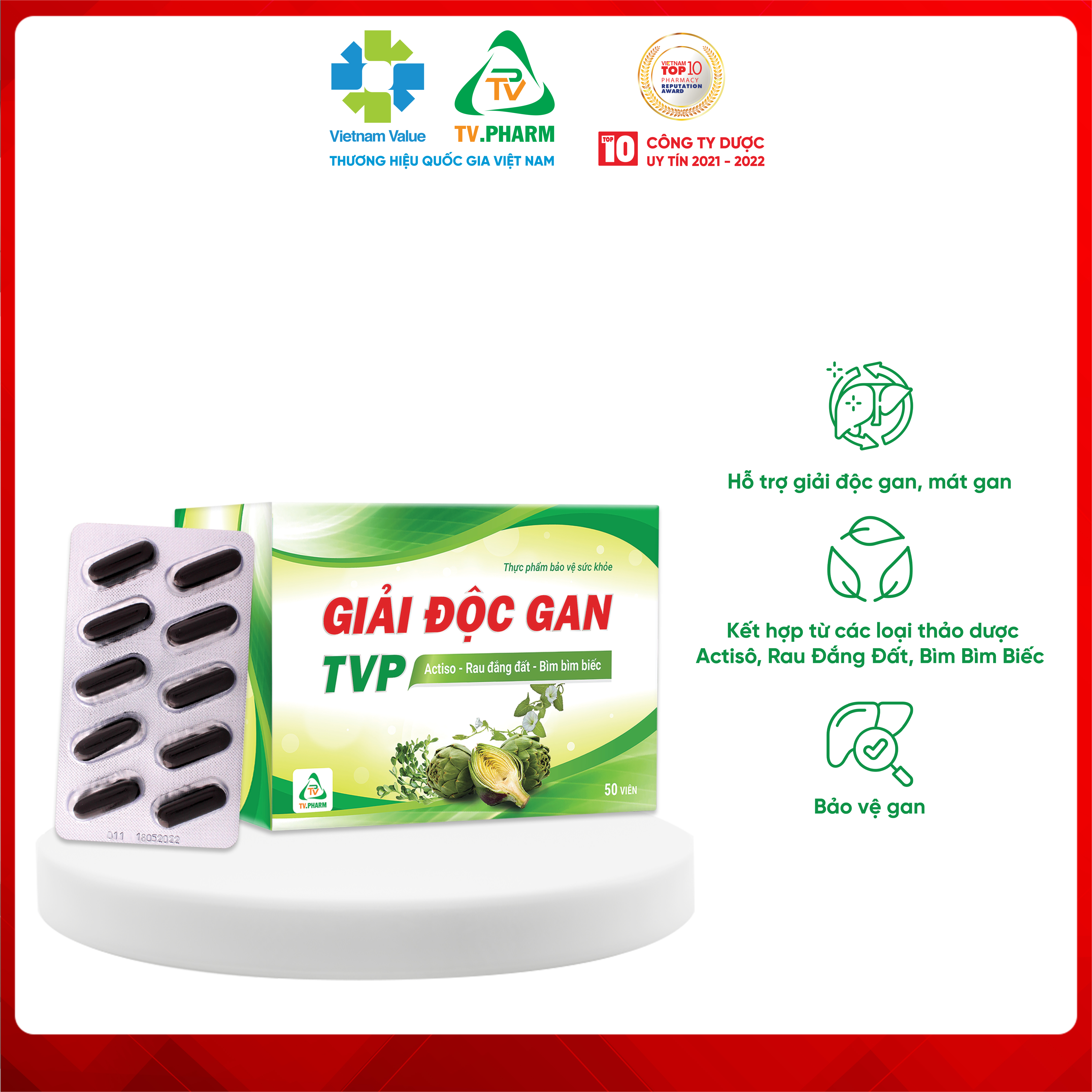Thực phẩm bảo vệ sức khỏe GIẢI ĐỘC GAN TVP - Hỗ trợ giải độc gan, mát gan, bảo vệ gan (50 viên)