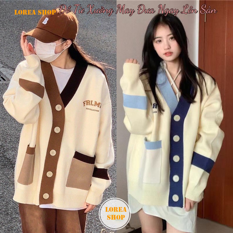 Áo Khoác Cardigan Viền Xanh Nâu FRMLK Form Rộng chất nỉ bông