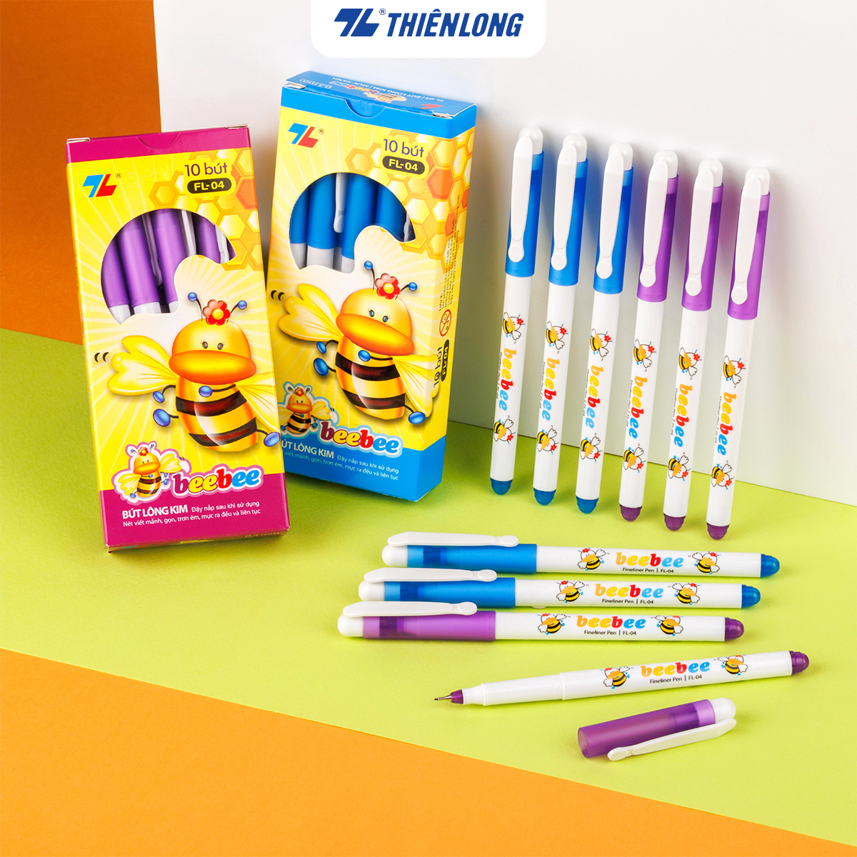 Hộp 10 cây Bút lông kim - Bút mực nước Beebee Thiên Long FL-04 ngòi 0.3 mm êm, giúp chữ viết đẹp, nét thanh nét đậm