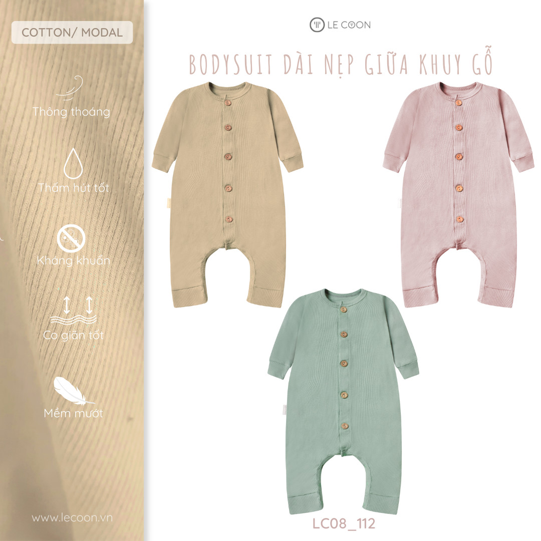 LE COON Bodysuit Dài Nẹp Giữa Khuy Gỗ Cotton Modal 0 tháng-18 tháng
